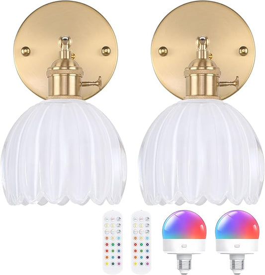 Vintage Battery Operated Wall Sconce with Cute White Tulip Glass Lampshade Wireless Rechargeable Battery Powered Wall Light with Remote Control for Bedside Bedroom Doorway, Set of 2
