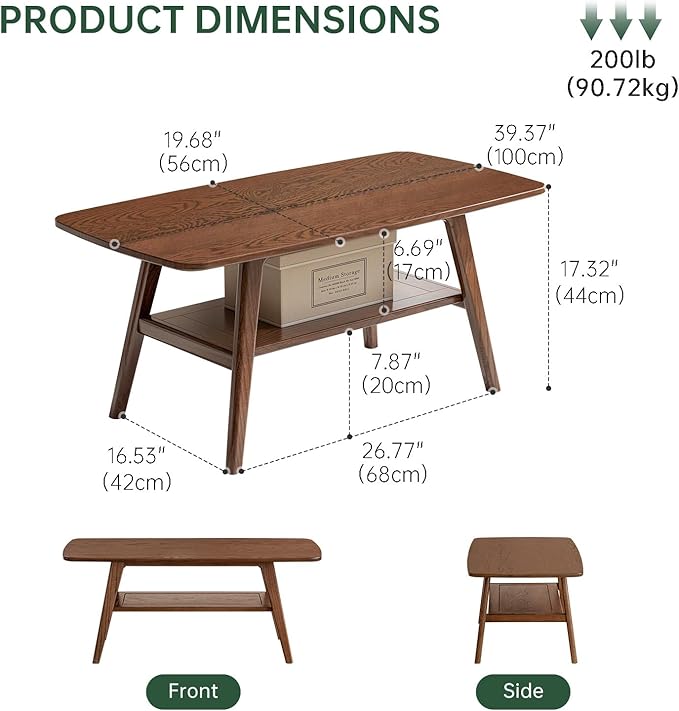 100% Solid Oak Wood Coffee Table for Living Room, 2-Tier Living Room Table with Storage Shelf, Mid Century Modern Coffee Tables (Walnut Colour, 39.37" W x22.05 D x 17.32" H)