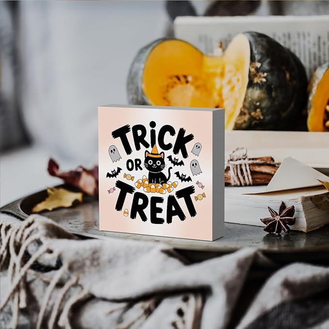 HTBIG Halloween Decor, Trick or Treat Signs Halloween Desk Black Cat Decor, Ghost Sign Home Office Desk Shelf Cubicle 5 x 5 inch