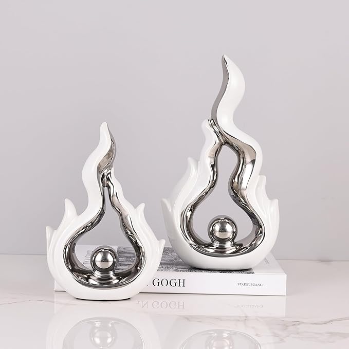 2 Pcs White and Silver Ceramic Sculptures for Home Decor, Modern Abstract Art Statues, Centerpieces for Dining Room Table, Living Room, Shelf, Mantel, Coffee Table, Entryway Accent Decorations
