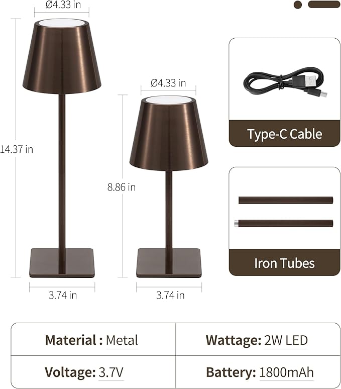 UME 3 Pack Cordless Table Lamp, Battery Operated Lamp - Portable Waterproof Rechargeable Table Lamp w/ 3 Color Temps & Stepless Dimming for Dinner, Desk, Cafe, Outdoor (Brushed Bronze | Coffee Tonal)