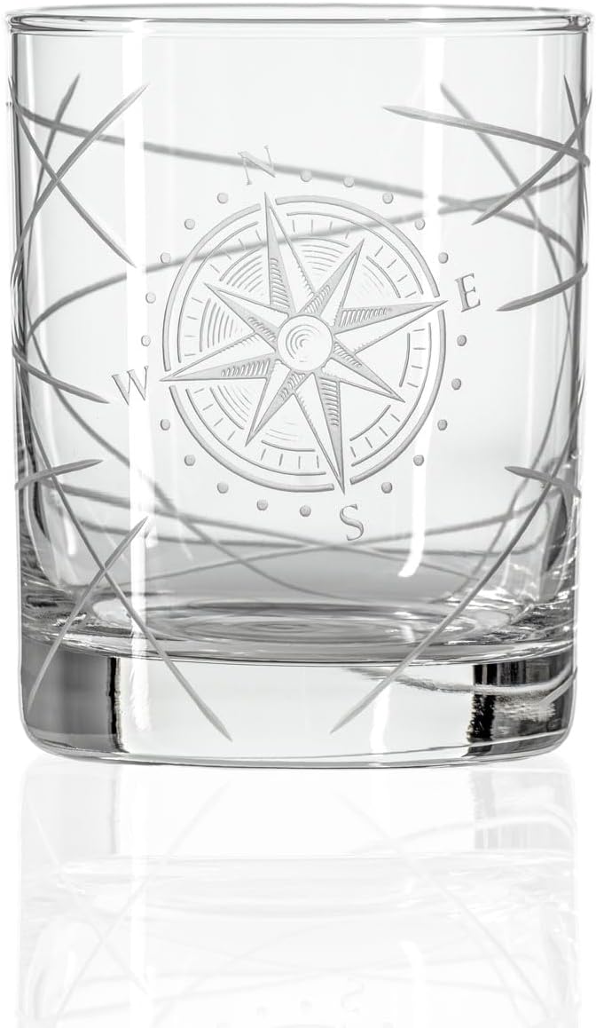 Rolf Glass Compass Star Longitude Double Old Fashioned Glass | 13oz Etched Whiskey Tumblers | Lead-Free Crystal Glasses | Made in the US | Nautical Etched Barware | Gift for Whiskey Lovers | Set of 2