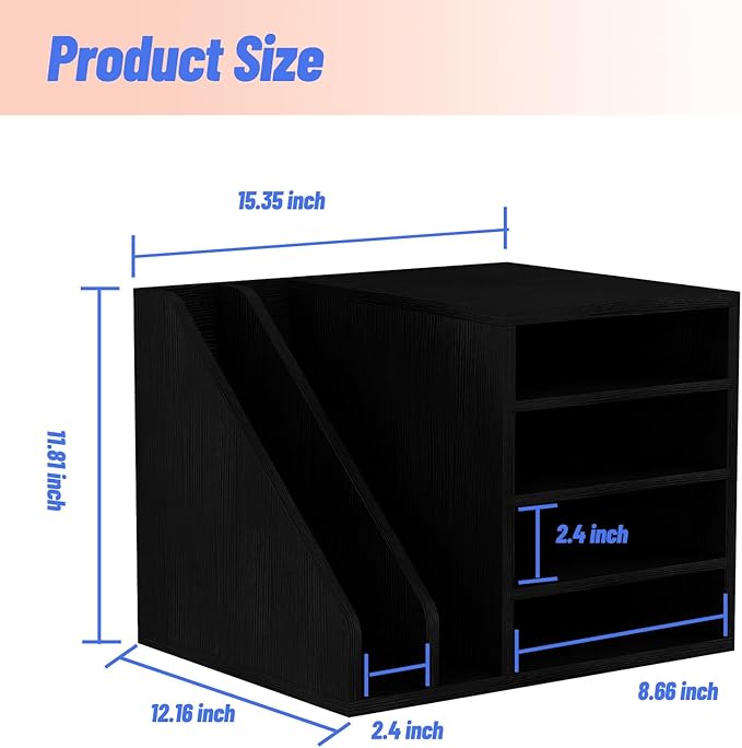 Wood Desk Organizer File Holder, Wooden Mail Organizer Countertop with Adjustable Compartments, Desktop File Organizer Paper Sorter for Home, Office and School, Envelope Organizer, Black