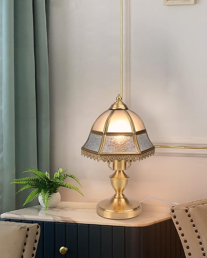 Retro Style Table Lamp, Mushroom Lamp, Frosted Glass Lampshade Brass Base for Living Room Bedroom House Nightstand, 7.4" W x 13.7" H