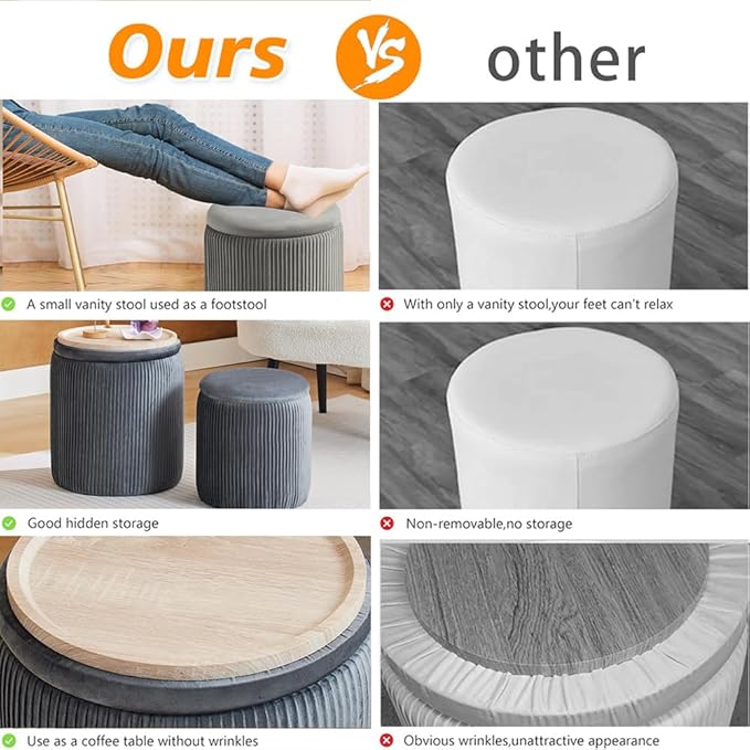 Round Ottoman with Storage Set of 2-Upholstered Velvet Vanity Stool for Makeup Multifunctional Ottomans Coffee Table Padded Seat Foot Rest for Living Room&Bedroom (Light Grey-Upgrade Tray Lid)