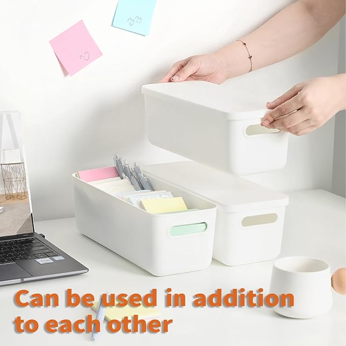 Plastic Storage Baskets With Lid Organizing Container Lidded Knit White Storage Organizer Bins for Shelves Drawers Desktop Playroom Classroom Office (8XS)