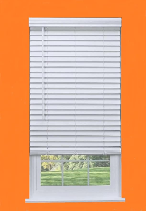 Blinds House Solution, Customizable Faux Wood Horizontal Cordless Window Blinds - 2 Inch Slats - White, Outside or Inside Mount, Cordless Faux Wood Blinds-Custom Window Blinds