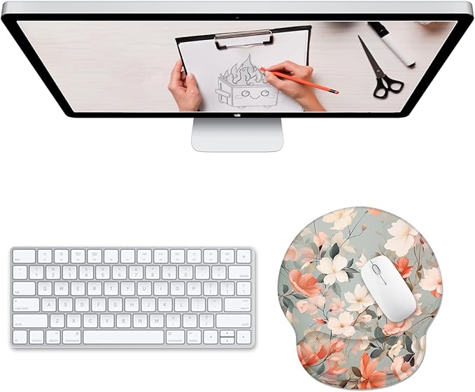Ergonomic Mouse Pad Wrist Support, Flower Floral Gel Mouse Pads with Wrist Rest, Comfortable Pain Relief Mousepad with Non-Slip PU Base for Gaming Work Desk Accessories Office Decor