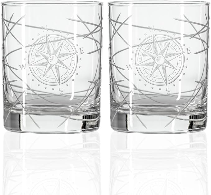 Rolf Glass Compass Star Longitude Double Old Fashioned Glass | 13oz Etched Whiskey Tumblers | Lead-Free Crystal Glasses | Made in the US | Nautical Etched Barware | Gift for Whiskey Lovers | Set of 2