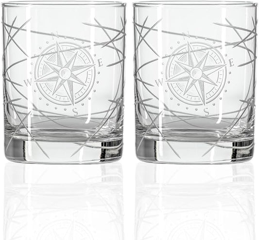 Rolf Glass Compass Star Longitude Double Old Fashioned Glass | 13oz Etched Whiskey Tumblers | Lead-Free Crystal Glasses | Made in the US | Nautical Etched Barware | Gift for Whiskey Lovers | Set of 2