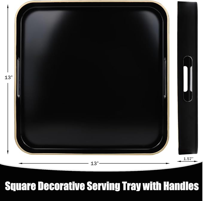Black Square Decorative Tray with Handles, 13"*13" Versatile Serving Tray for Coffee Table, Ottoman, Ideal for Serving, Displaying, Organizing
