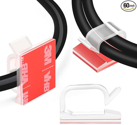 60 PCS XHF 3/4” Adhesive Cable Wire Clips Clear, Cable Staples Outdoor Cable Management Wire Organizer Cord Holder for Under Desk, Car, Wall, TV PC Ethernet Cable WCL7-clear-60p