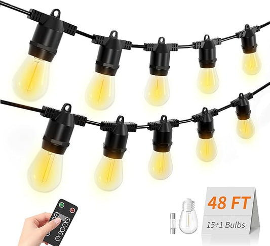 48FT LED Outdoor String Lights, S14 IP65 Waterproof Patio Lights, Edison Shatterproof Bulbs with Remote Control Vintage Backyard Light, Garden, Deck Light