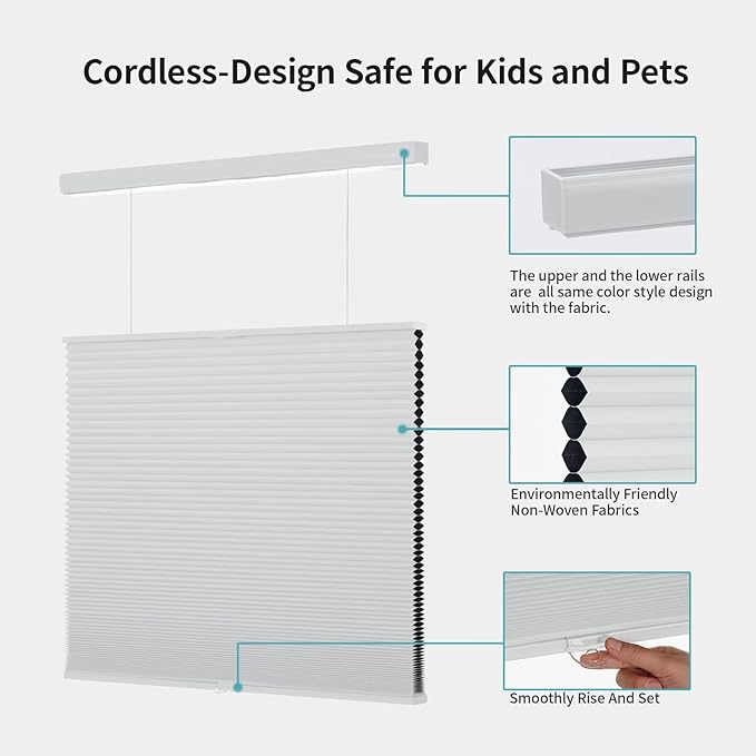 MYshade Top Down Bottom Up（TDBU） Cellular Shades, 1.5 inch Cordless Blackout Honeycomb Pleated Blinds for Windows Home Bedroom Office, Light Control, Thermal Insulated,（33.5" W x 72" H,White）