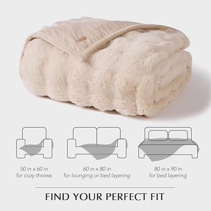 EverGrace Ultra Soft Luxury Fluffy Faux Rabbit Fur Throw Blanket, Thick Warm Bubble Throw for Bed, Cozy Plush Reversible Blankets for Couch, Chair, Sofa, Cream, 50x60 Inches