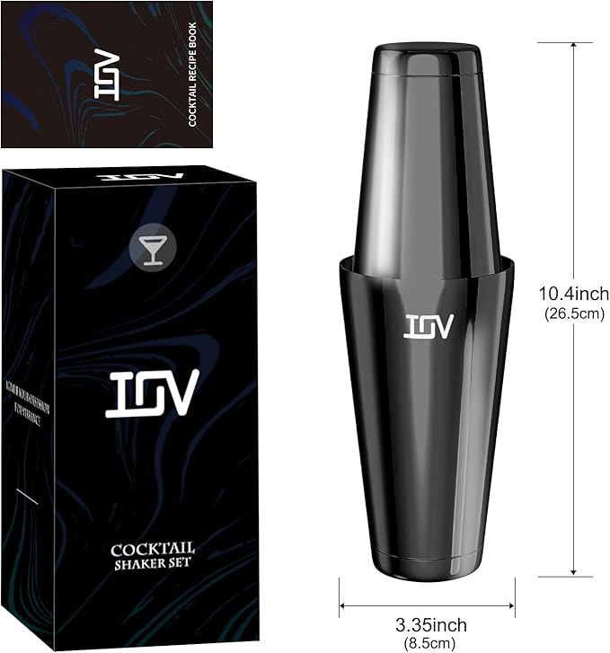 IOV Boston Cocktail Shaker Set, 18oz & 28oz Stainless Steel Weighted Shaker Tins, Metal Martini Drink Mixer for Bartending, Professional Bar Tools with Cocktail Recipe Guide, Black