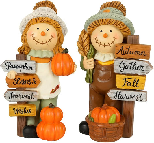 iStatue Thanksgiving Decorations Fall Scarecrow Figurines – 2 Pack 5.5‘’ Resin Harvest with Pumpkins & Signs, Autumn Home Décor Accents for Table, Shelf, Fireplace and Entryway (Beige)