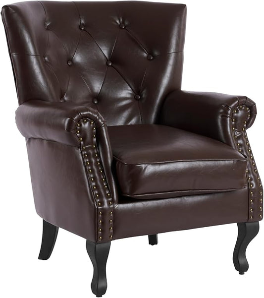 MOJAY PU Leather Accent Chair, Mid-Century Modern Armchair Living Room Club Chair with Tufted Button & Rivet Trim, Upholstered Sofa Chair with Sturdy Wood Legs for Bedroom (Caramel)