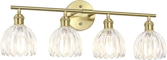 Vintage Bathroom Light Fixtures,4-Light Hardwired Vanity Lights Over Mirror,Gold Wall Sconces with Clear Tulip Glass Shade for Bathroom Living Room,E26 Socket(Bulbs Not Included)