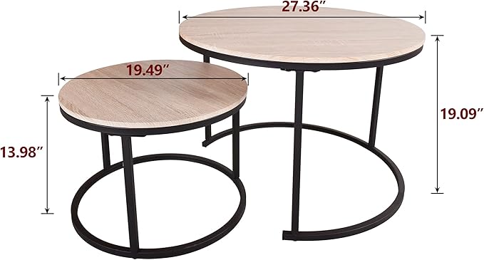HOJINLINERO Industrial Round Coffee Table Set of 2 End Table for Living Room,Stacking Side Tables, Sturdy and Easy Assembly,Wood Look Accent Furniture with Metal Frame,Black+Teak Oak