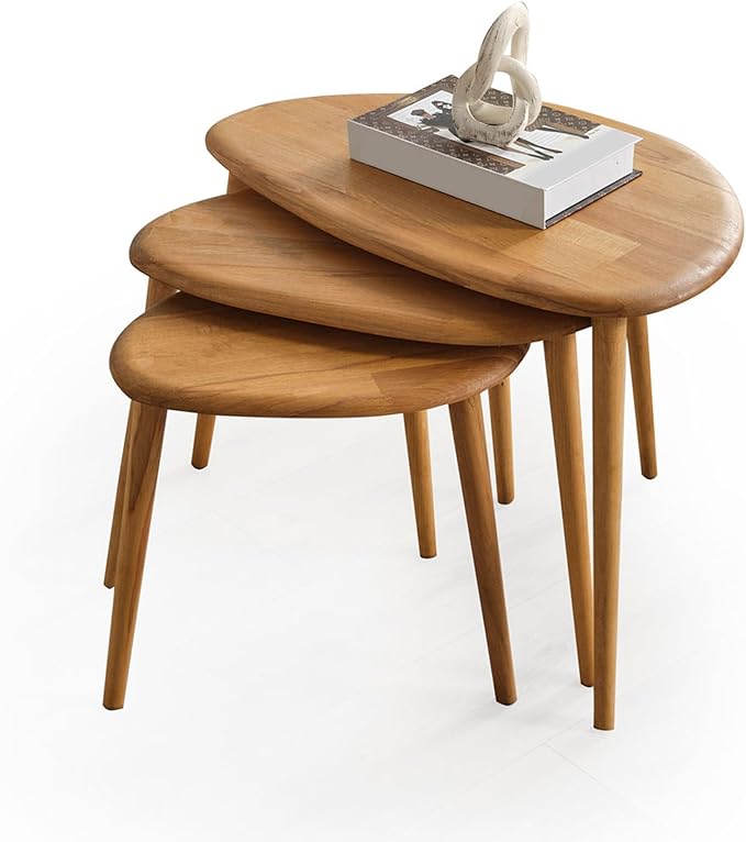 Solid Wood Nesting Coffee Table Set of 3 - Mid Century Modern Pebble Tables with Tapered Legs – Wooden Home Furniture in a Retro Style (Oak)