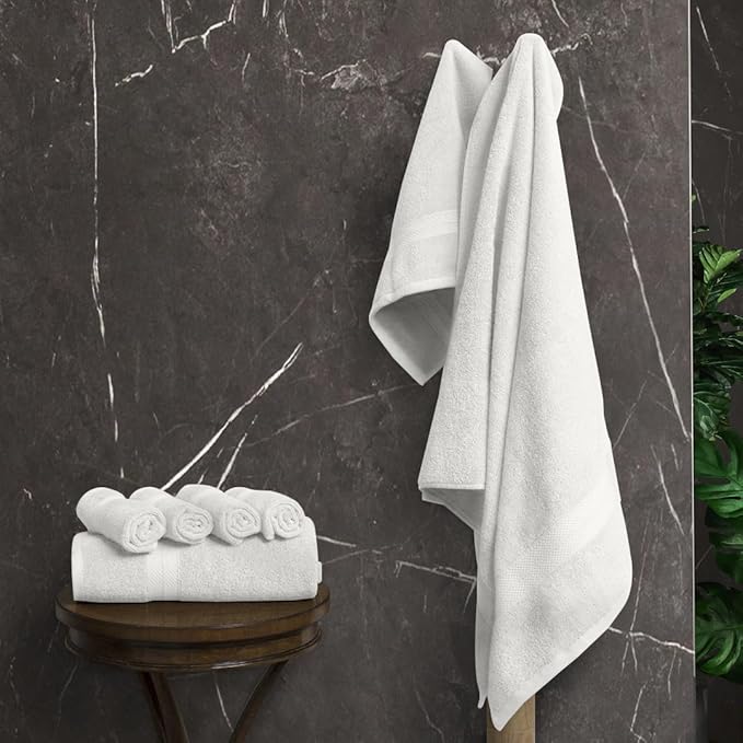 Avalon Towels Luxury 8 Piece White Towels Set, 2 Bath Towels, 2 Hand Towels and 4 Washcloths, 600 GSM 100% Ring Spun Cotton Highly Absorbent White Bathroom Towels, Ideal for Hotel, Spa and Gym