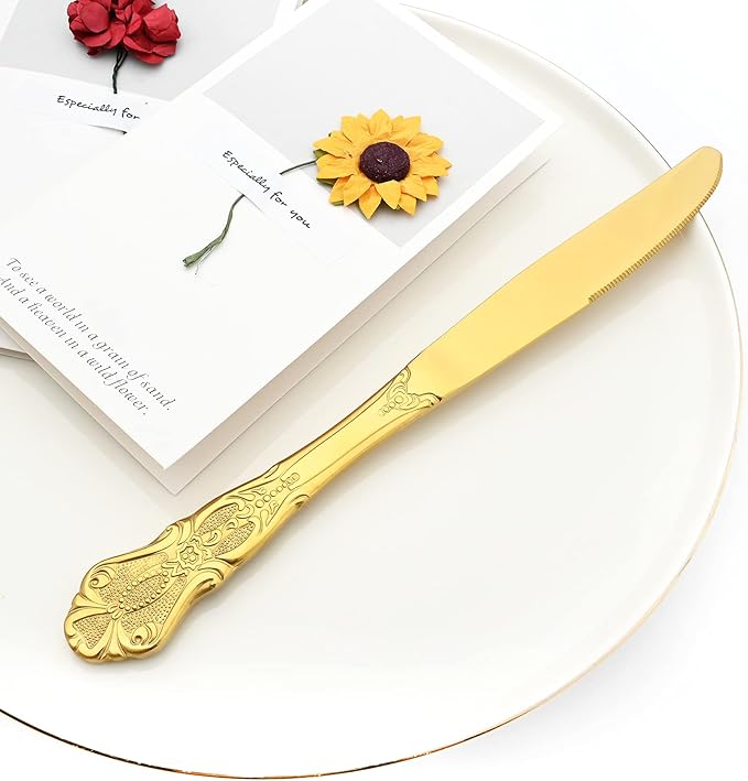 Elegant Gold Silverware Set with Steak Knives 5 Piece Flatware Sets for 1 Tableware Utensils, 18/10 Stainless Steel Cutlery Set Include Knifes Forks Spoons, Mirror Polished, Dishwasher Safe