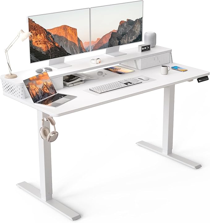 55 x 24 Inch Standing Desk with 2 Drawers, Easily Assembled Height Adjustable Desk, Ergonomic Sit to Stand Electric Desk for Home Office Workstation, White