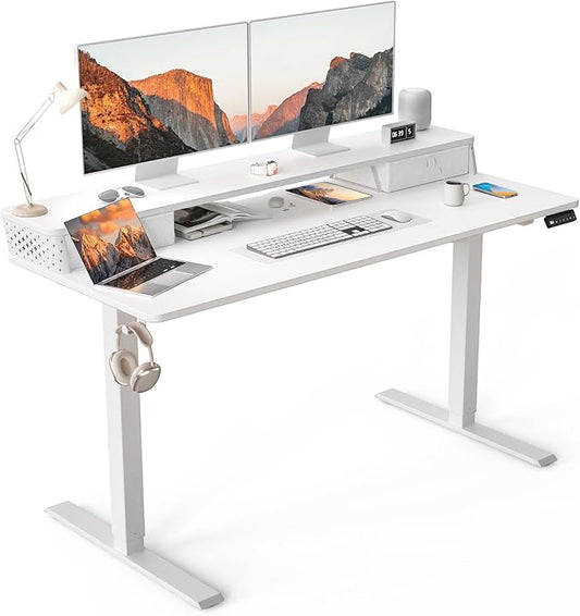 55 x 24 Inch Standing Desk with 2 Drawers, Easily Assembled Height Adjustable Desk, Ergonomic Sit to Stand Electric Desk for Home Office Workstation, White