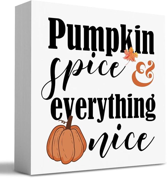 HTBIG Fall Wooden Box Sign Desk Decor, 5.1 X 5.1 Inch Pumpkin Autumn Wood Sign for Tiered Tray Decor for Home Living Room Harvest Day Thanksgiving Tabletop Decor-Pumpkin Spice Everything