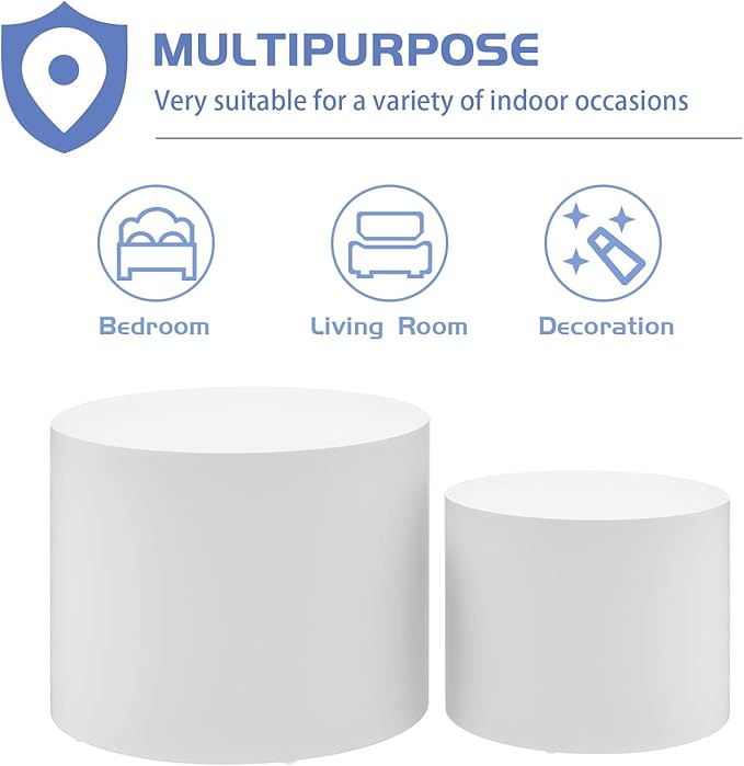 Round Coffee Table Set of 2, Nesting Coffee Table and End Table Set Wood Small Circle Drum Side Table for Living Room Office, No Assembly,White