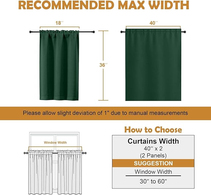 Aiyufeng Ever Green Short 36 Inches Blackout Curtain 2 Panels Set, Half Window Rod Pocket Privacy Curtain Tiers for Kitchen, Curtains Blackout for Bathroom Shades, W40 x L36 Inch, Ever Green