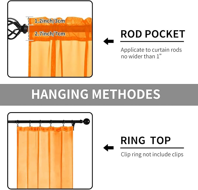Sheer Curtains 72 Inches Long 2 Panels, Rod Pocket Short Curtain for Kitchen, Bedroom, Cafe Window(Orange 38" W x 72" L)