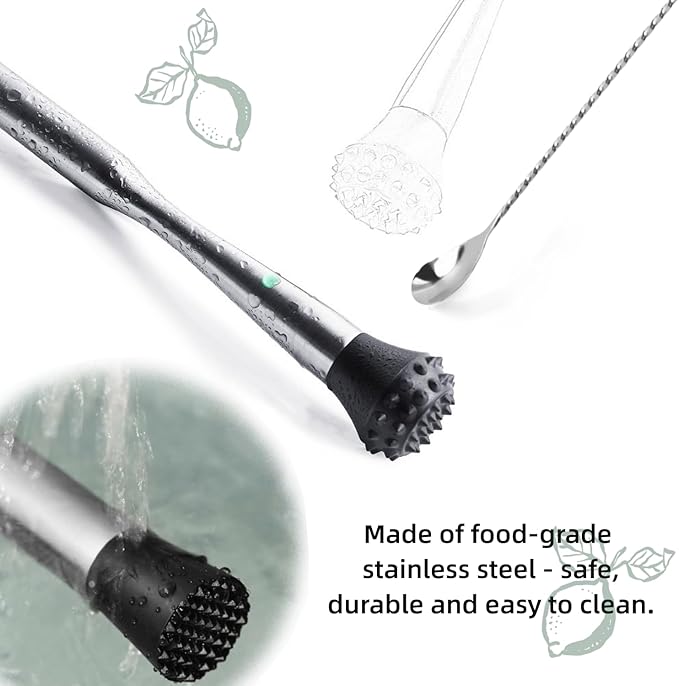 8'' & 12" Stainless Steel Cocktail Muddler & Long Handle Mixing Spoon Set - Professional Bar Tools for Mojitos, Fruit Drinks & Craft Cocktails | Heavy-Duty Stirring & Muddler Kit