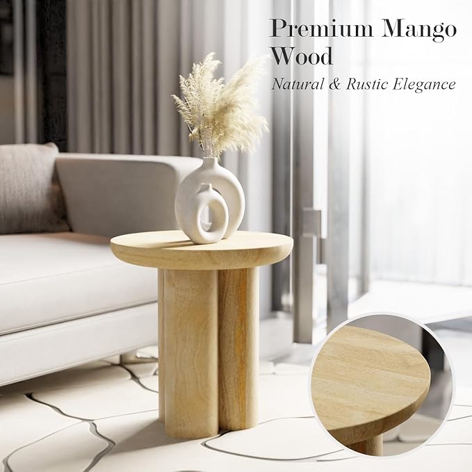 Relso Gaia Round End Table for Living Room and Farmhouse | Solid Mango Wood for Rustic Elegance | Ideal for Side Tables, Nightstands & More | Wood Side Table Round for Bedroom (Natural)
