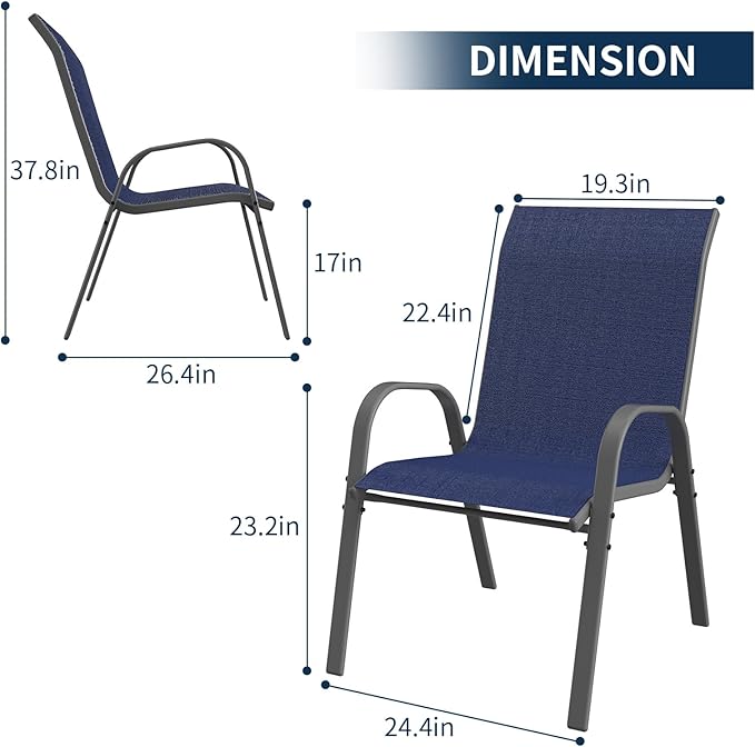 Amopatio Patio Chairs Set of 6, Outdoor Stackable Dining Chairs for All Weather, Navy Blue, Breathable Garden Outdoor Furniture for Backyard Deck
