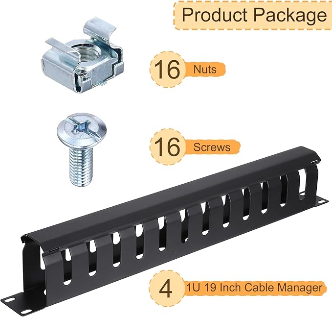 PATIKIL 1U 19 Inch Cable Management, 4 Pack 12 Slot Horizontal Rack Mount Wire Management Metal Finger Duct Wire Organizer for Network Cabinet, Black
