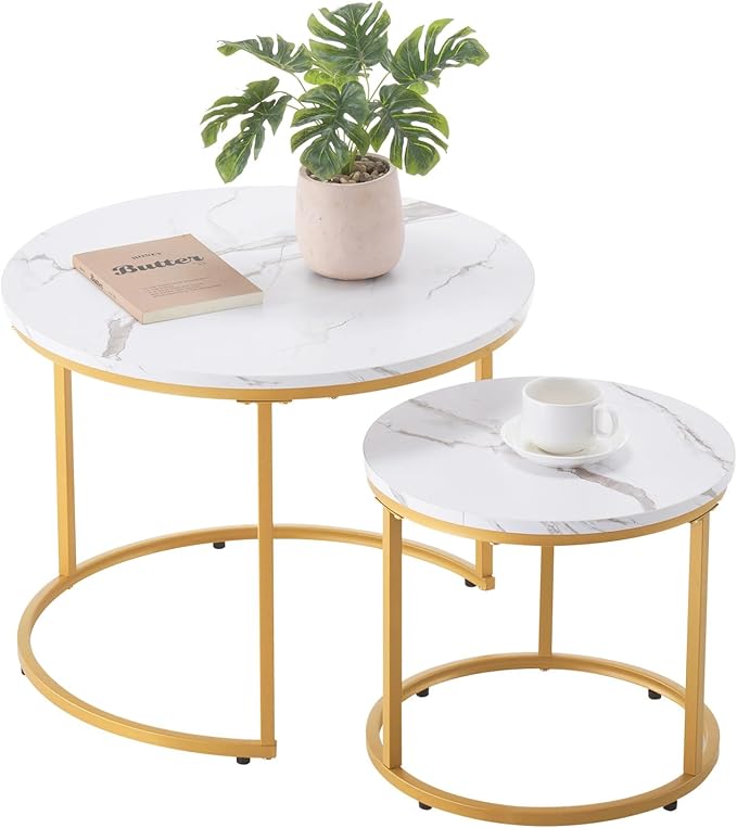 VEVOR Nesting Tables, Coffee Table Set of 2, 23.6 inch Round Coffee Table, Small Coffee Tables Night Stand with Metal Frame, for Living Room, Bedroom, Office (White & Gold)