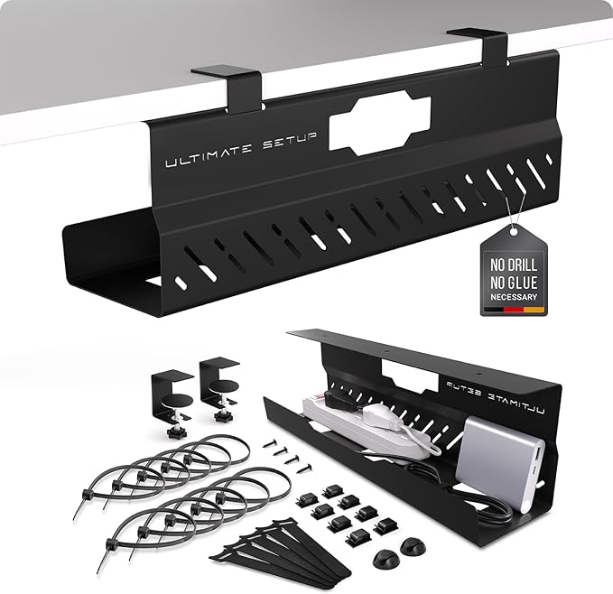 Under Desk Cable Management Tray no Drill – Wire Management - Cord Organizer – Huge Load Capacity – Under Desk Cable Tray no Drill (Black, 1 Piece Set)