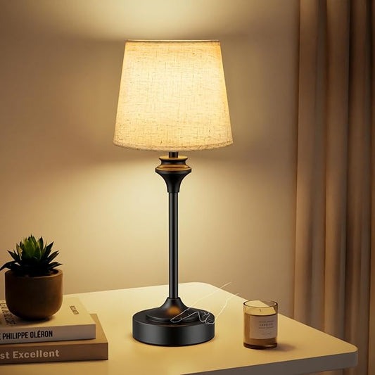 NIORSUN Portables Cordless Table Lamp,Flaxen Fabric Shade Battery Operated Lamp,5200mAh Bedside Table Lamp with Warm White,3 Way Dimmable Touch Desk Lamp for Living Room Bedroom Restaurant (Black)