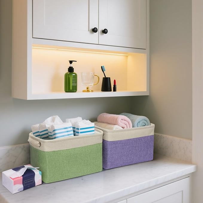 BALEINE 4 Pack Fabric Storage Bins for Shelves, Linen Storage Baskets for Organizing, Decorative Closet Bins for Clothes, Home (Pink, 12"x8"x8")