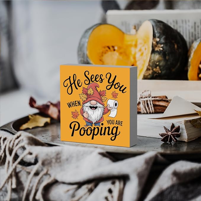 HTBIG Funny Fall Wooden Box Bathroom Sign Decor He Sees You When You Pooping Bathroom Wooden Box Decor It In The 5 x 5 Inch