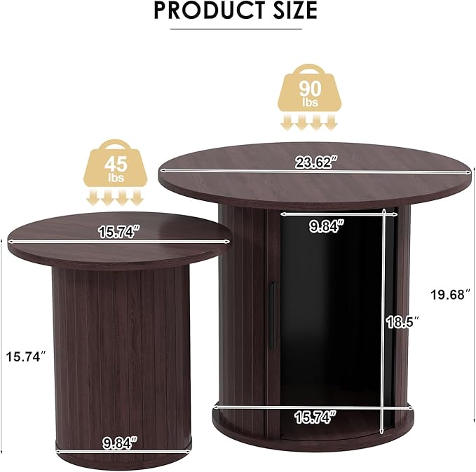 Nesting Coffee Table Set of 2 with Hidden Storage & Sliding Door, Circle Wood Coffee Table, Farmhouse Side & End Table Sets for Living Room, Small Spaces, Walnut