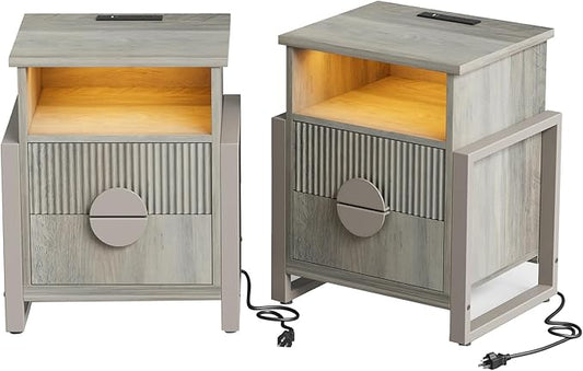 LGHM Set of 2 Large Fluted Nightstand with Charger Station Lights,20.47" W Night Stand with 2 Drawers, Accent Bedside Table and End Table,Semicylinder Drawer Front,Stable Raising Legs,Gray
