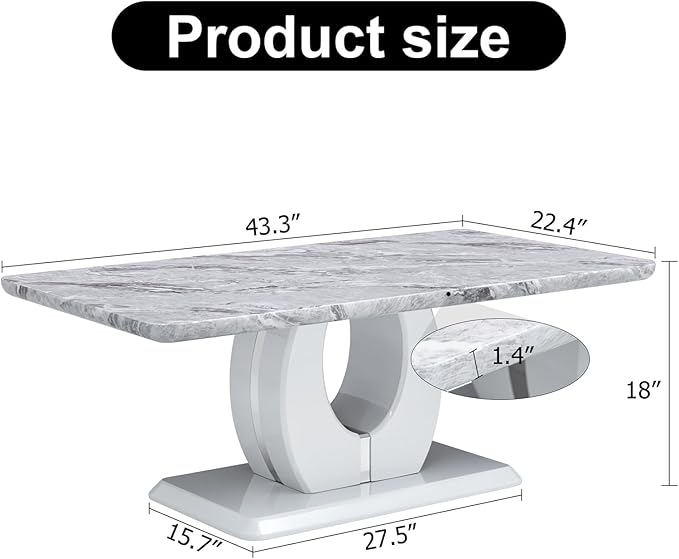 LKTART Rectangle Coffee Table for Living Room, Imitation Marble Coffee Tables with Storage, Modern Stable Base Accent Center Tea Table for Dining Room Small Space Apartment (43.3''L×22.4''W-Grey)