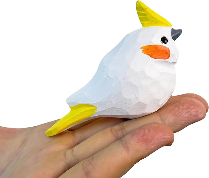 Wooden Bird Figurines Funny Desk Accessories Hand Carved Wood Decorative Small Birds Animal Miniature Statues Ornament for Home Room Decor (Yellow White)