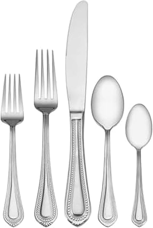 Mikasa Regent Bead 65-Piece Flatware Set for 12, 18/10 Stainless Steel Silverware with Full Service and Serving Utensils, Classic Beaded Edge Design