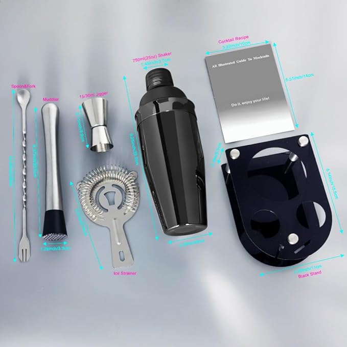 Cocktail Shaker Bartender Kit: 5 Piece Bar Tool Set, Cocktail Shaker Set with Stand, Drink Mixing Includes Martini Shaker,Strainer,Jigger,Bar Mixer Spoon,Muddler ﻿ (Black, 750ml(25oz))