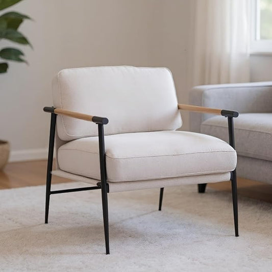 Mid-Century Accent Chair, Soft Armchair Chenille Fabric Lounge Chair with Black Metal Legs, Upholstered Leisure Chair for Living Room Bedroom Reception Room, 1PC, Beige