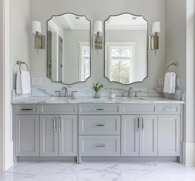 ANDY STAR 24x40 Inch Brushed Nickel Mirror, Unique Rectangle Bathroom Mirror, Large Decorative Mirror in Rust-Proof Stainless Steel 1" Frame, Modern Wavy Frame Design, Vertically/Horizontally